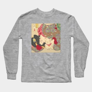 Teasing the cat. Beautiful Japanese woman with cat print Long Sleeve T-Shirt